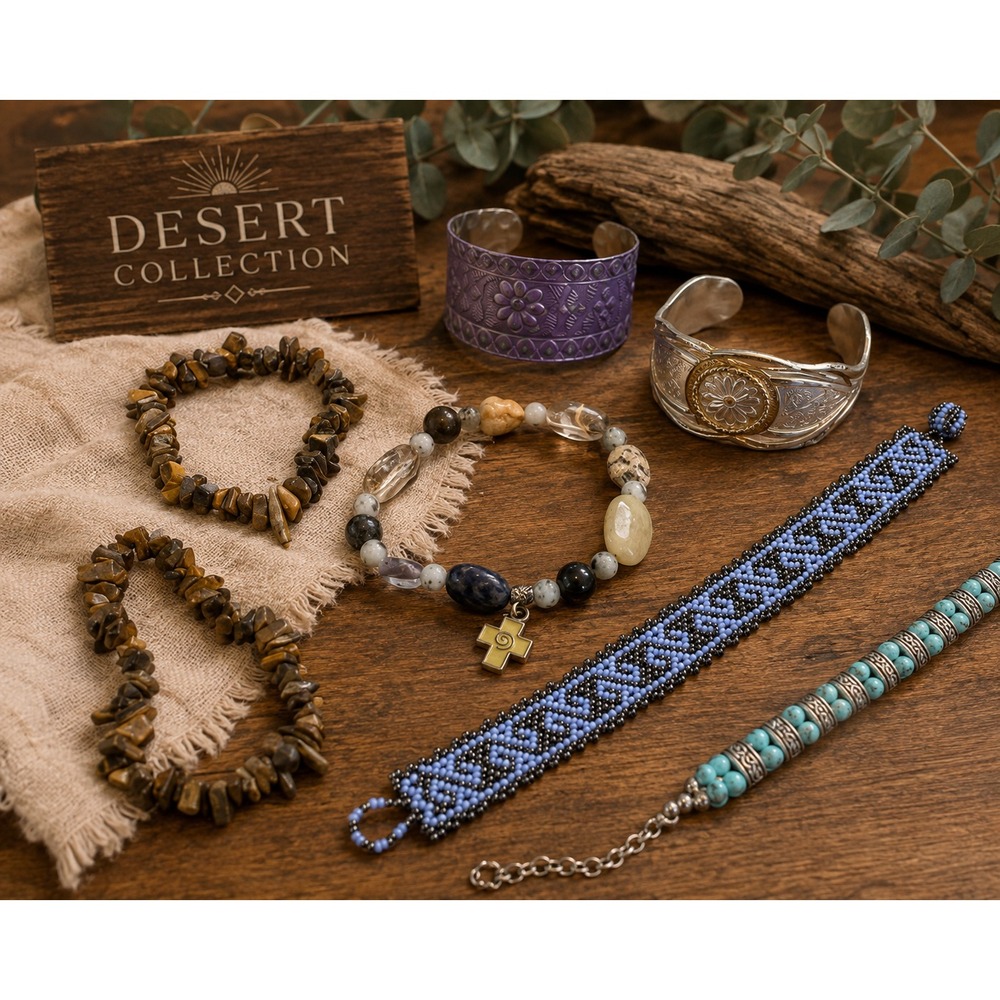 Desert Collection Boho Jewelry Lot Gemstone Tiger Eye Cuffs Beaded Bracelets 7